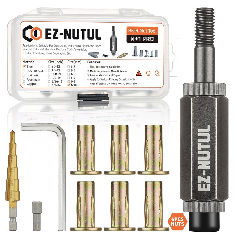 EZ-NUTUL Multi-Grip Rivet Nut Installation Tool Set Pre-Bulbed Shank Flat Head Threaded Insert Nut Plus Nuts Assortment Kit Cross Rivnut for Construction Industrial (M10(Plus Nut Tool-6pcs)) - Image 1